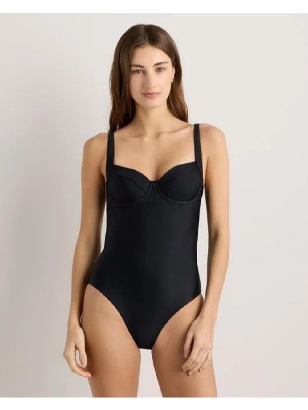 Quince Italian Underwire One-Piece Swimsuit Black Back Bow Women’s Large NWT